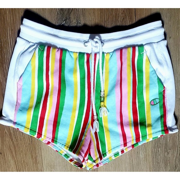 Champion Shorts Striped Reverse Weave L White/Red/Yellow/Green Draw Cotton/Poly - Picture 1 of 9